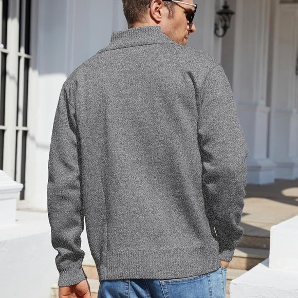 Men's Shawl Collar Cardigans Slim Fit Button Cable‎ Knit Black Sweater Pockets - Picture 5 of 5